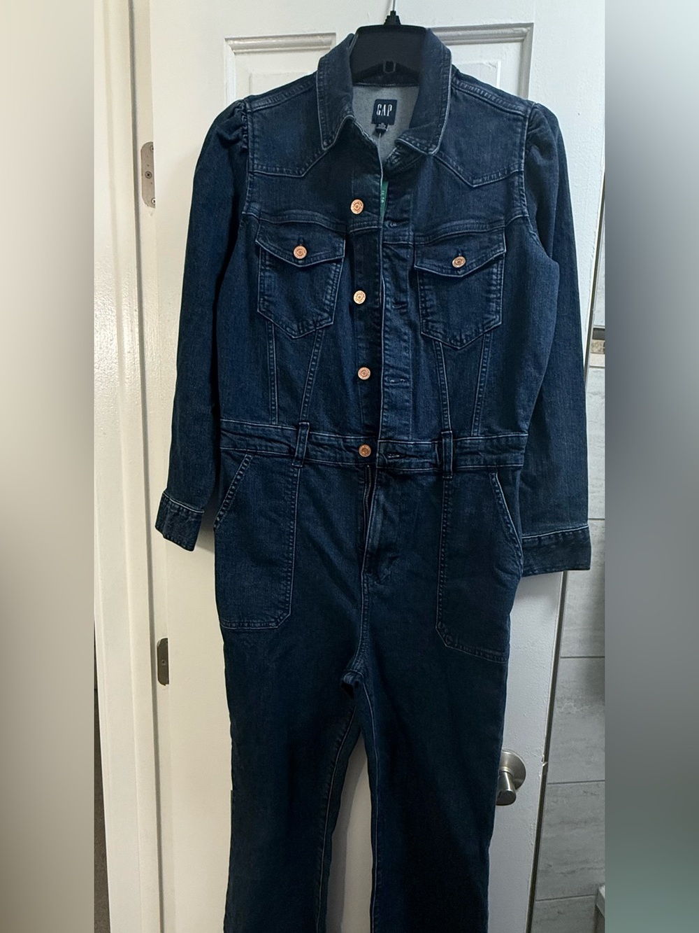 NWT GAP Dark Blue Denim Jumpsuit, W Copper Buttons, Utility Style, Sz 10
